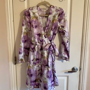 Lavender satin print wrap around dress